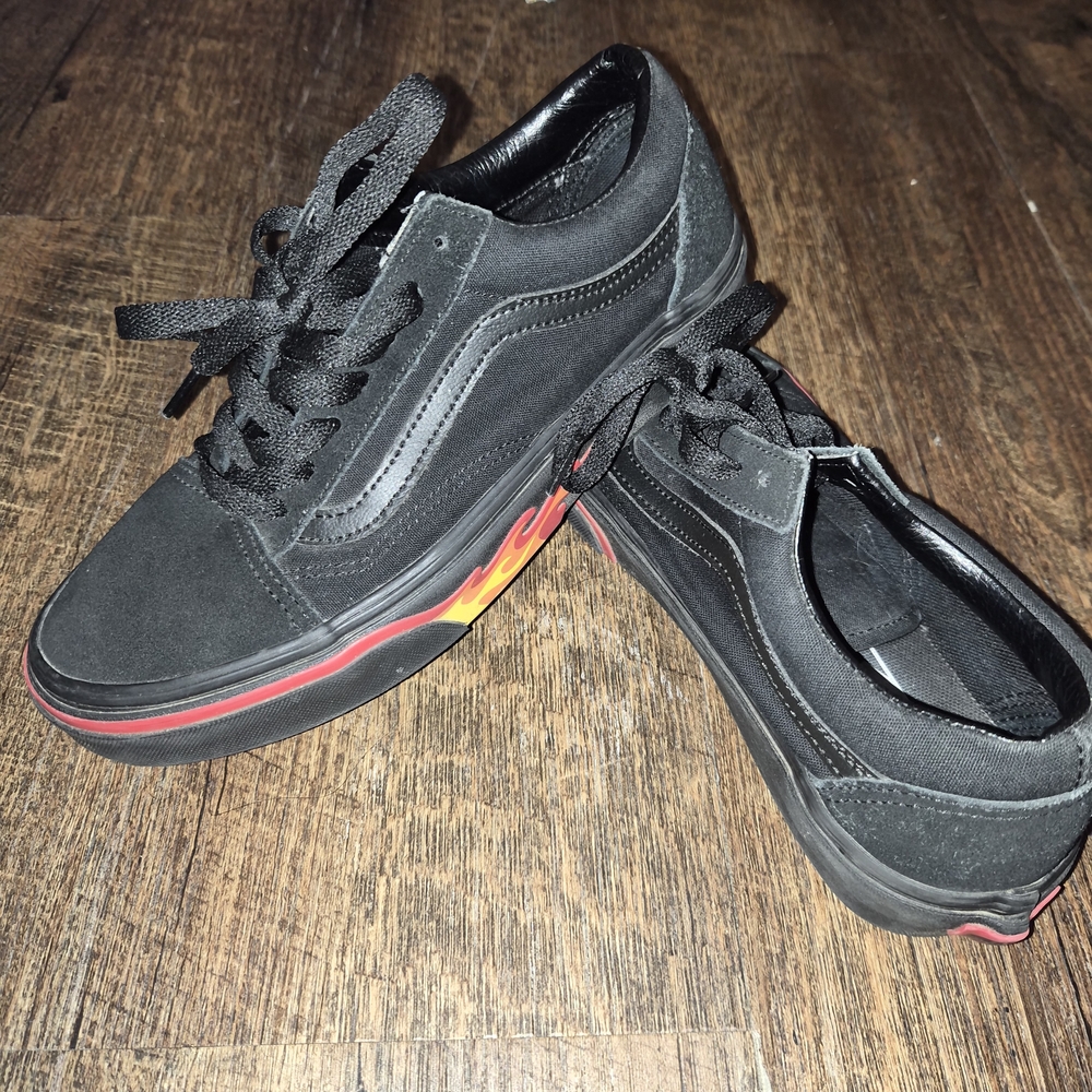 Vans Black Sneakers with Red Flame Accent